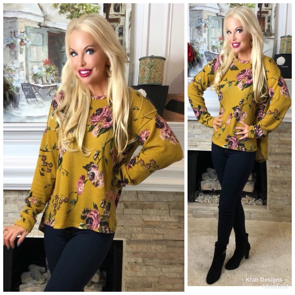 ❤️LAST Mustard Brushed Fabric Floral Oversized Top - Picture 3 of 5